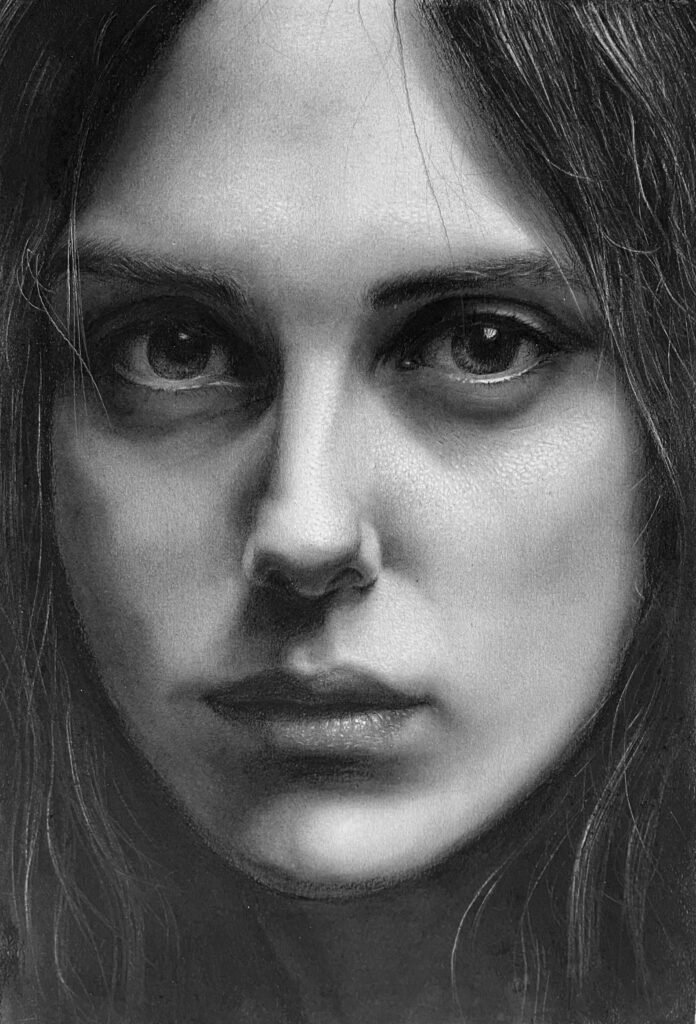 A charcoal portrait of a woman